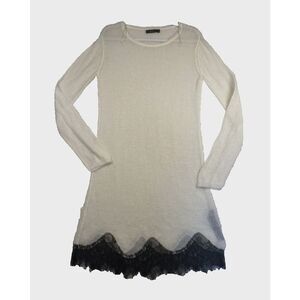 Zara Knit Sweater Dress Womens Large White Black‎ Lace Hem Long Sleeve Pullover